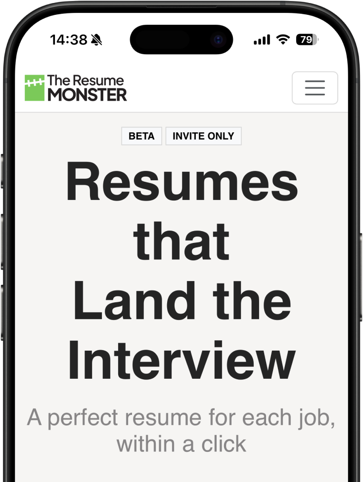 The Resume Monster app screenshot. Dashboard showing resume optimization.