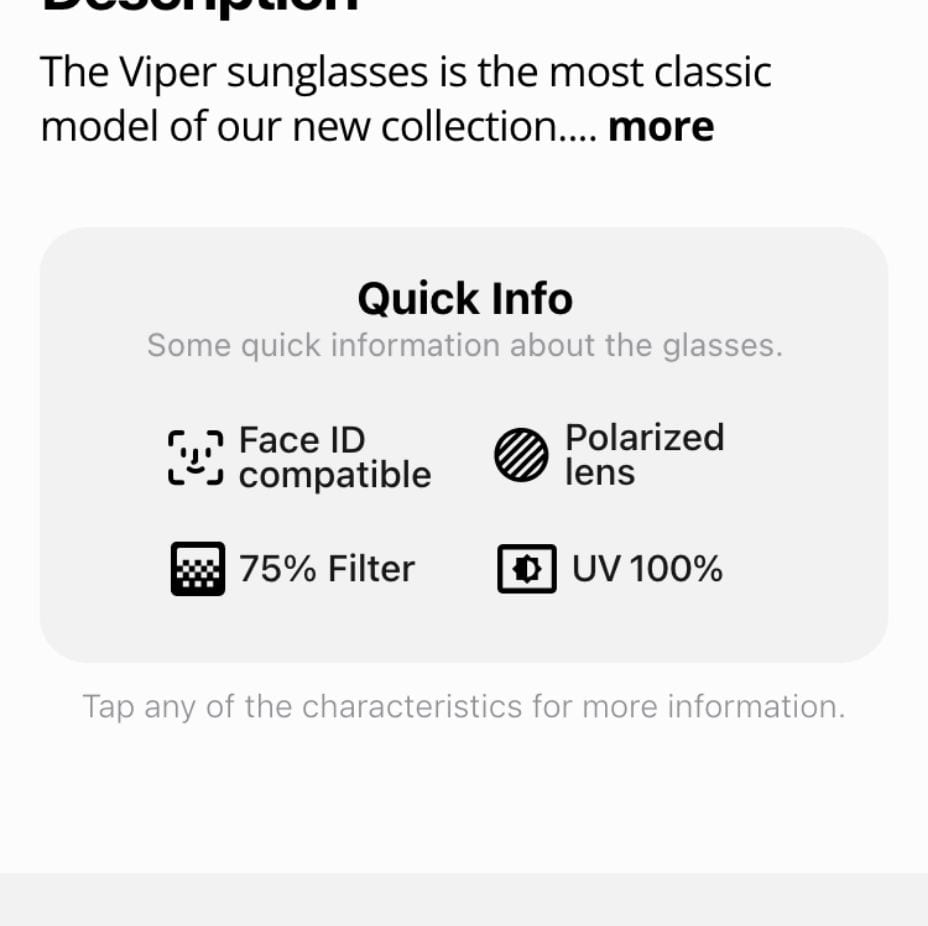 Screenshot quick information panel, containing FaceID compatibility, polarization, filter, and uv protection.